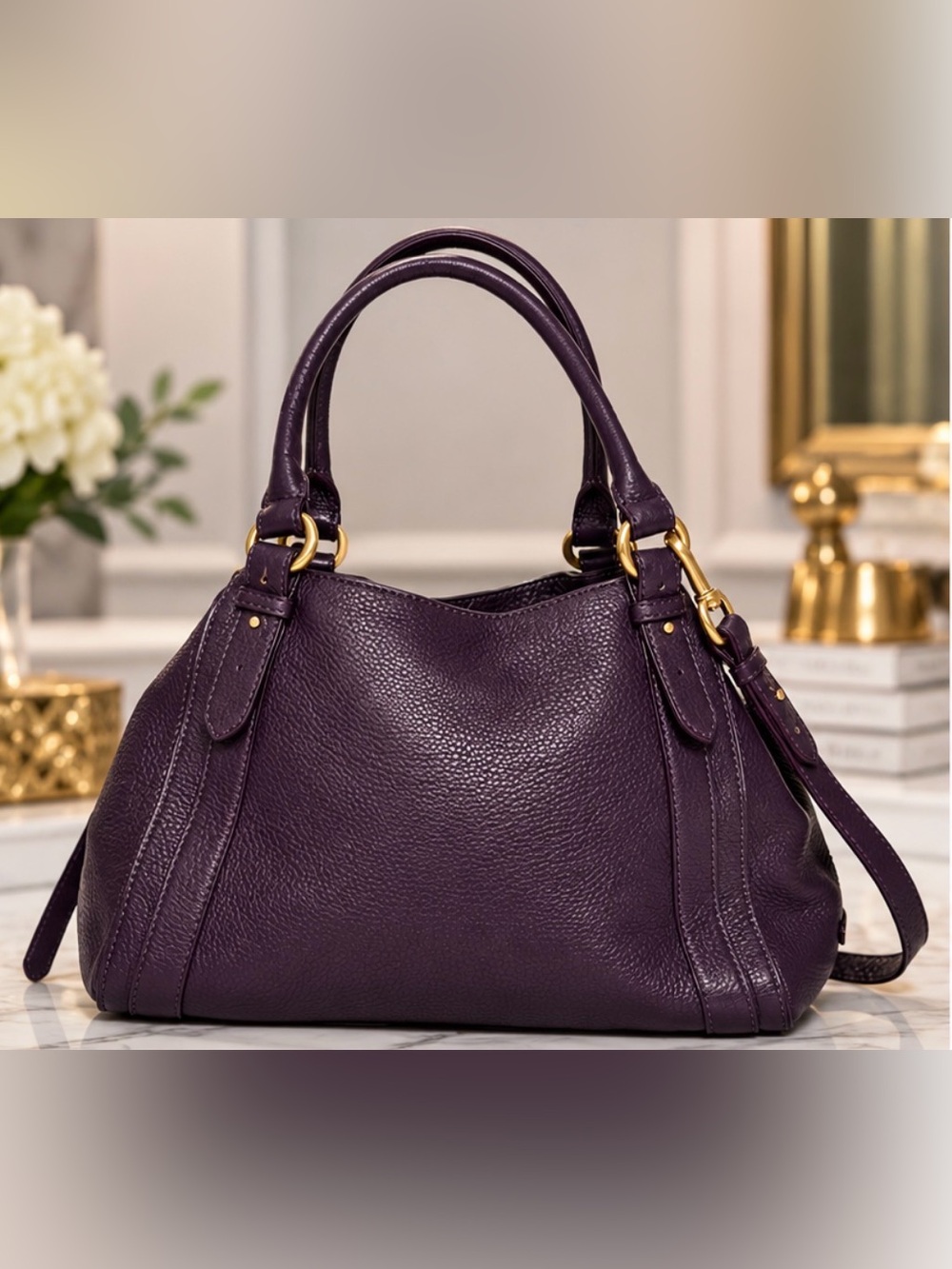 COLE HAAN  | Purple Pebbled Leather Satchel Shoulder Bag.